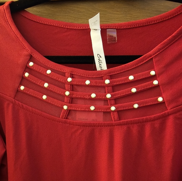 NY Collection Red 3/4 Sleeve Crepe Knit Top (Irregular) - Picture 10 of 11